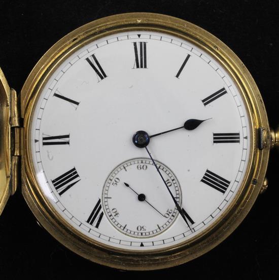 A late Victorian 18ct gold hunter keyless lever pocket watch by G. Moore & Son, on a 9ct gold albert chain,